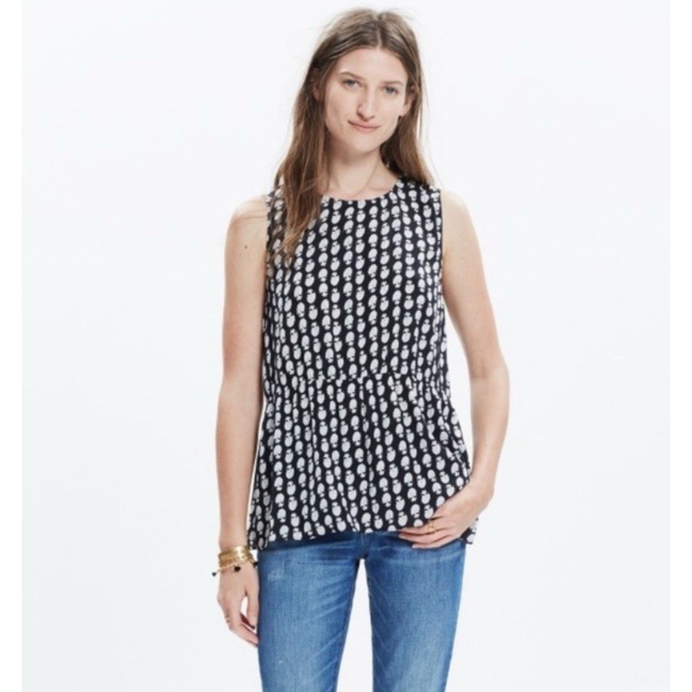 Madewell Women's Black‎ & White Floral Print Sleeveless Peplum Top Size Small